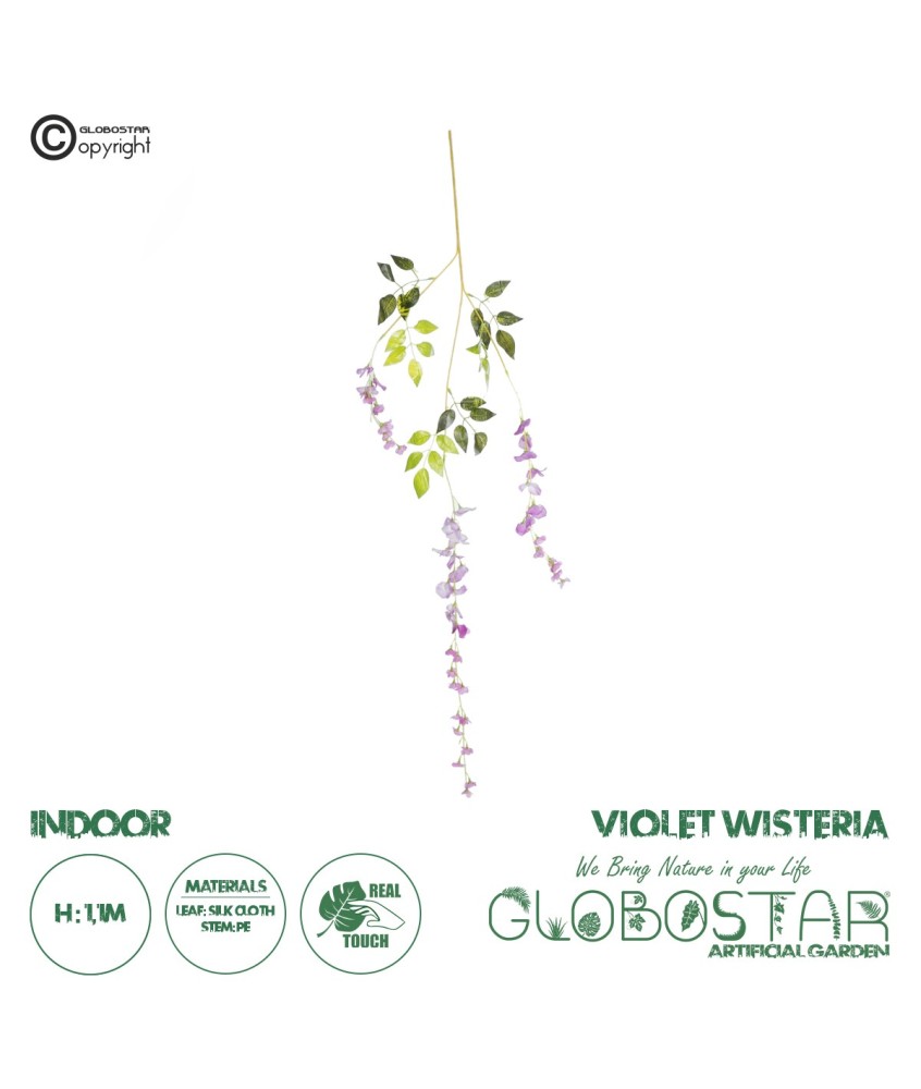 GloboStar® 09030 Τεχνητό Κρεμαστό Διακοσμητικό Φυτό Μήκους 1.1 μέτρων με 3 X Κλαδιά Βιστέρια Λιλά